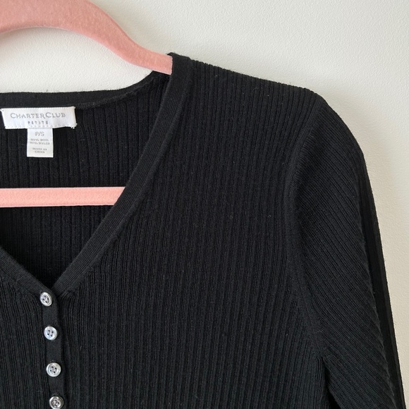 3/$20🌻Charter Club Black Wool Ribbed Henley V-Neck Sweater - Picture 6 of 16